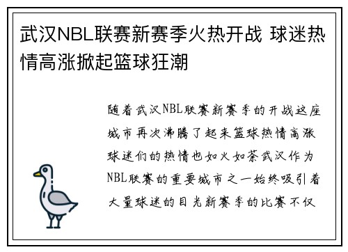 武汉NBL联赛新赛季火热开战 球迷热情高涨掀起篮球狂潮